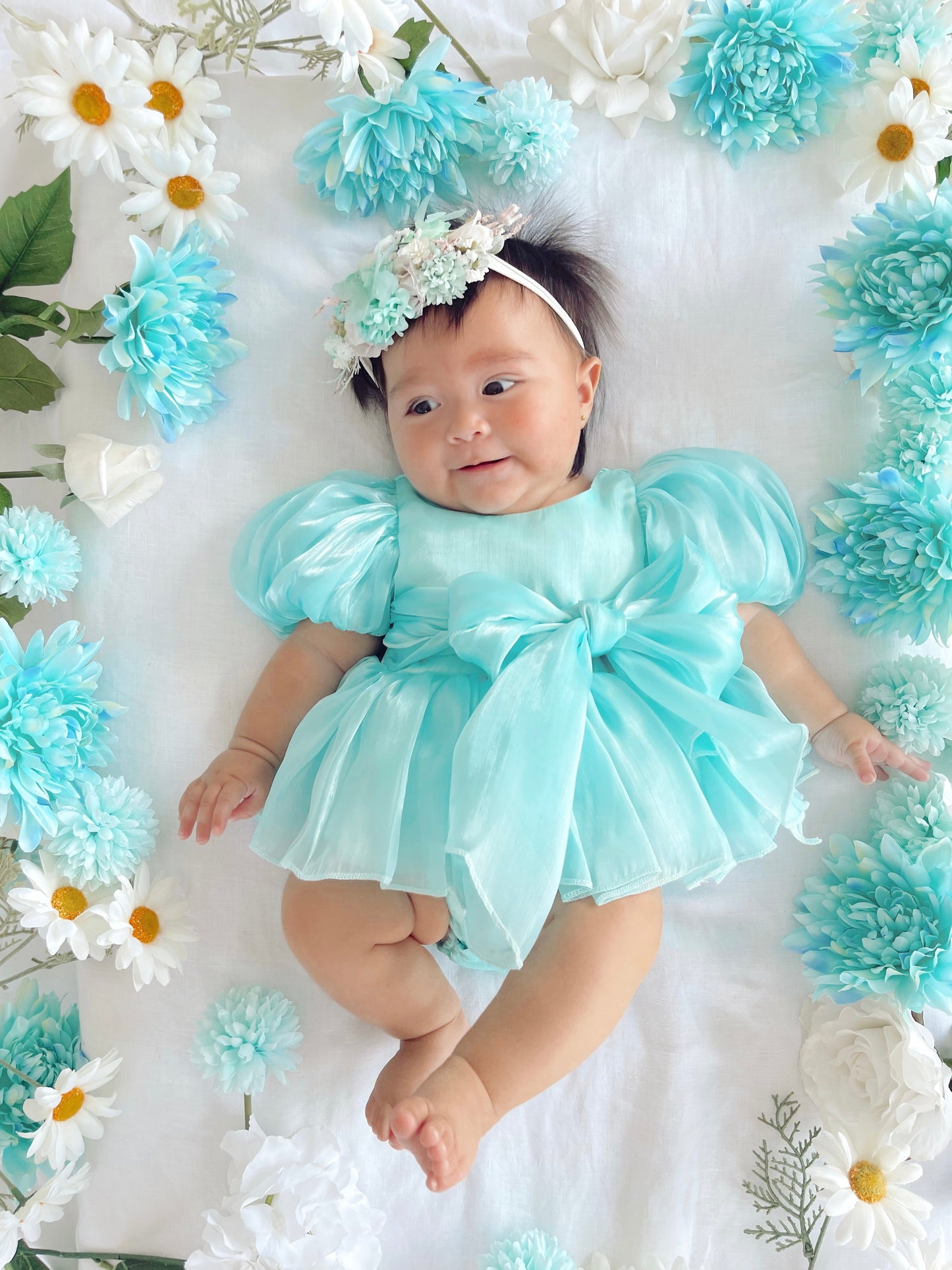 Dolly Turquoise Sky Organza Baby Girl Blue Party Romper