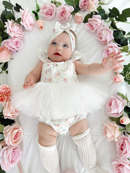Cottage Fairy Baby Girl Floral White Tulle Party Romper