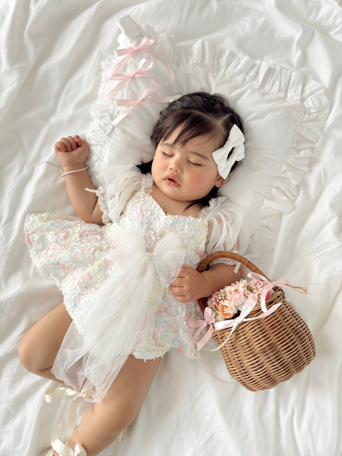 Josephine Lace Blossom Baby Girl Sequin White Tulle Party Romper