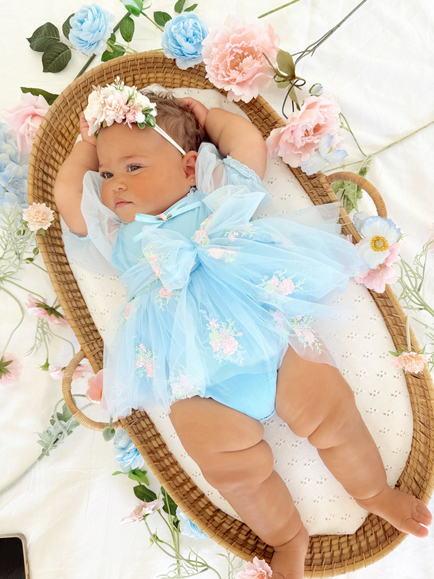 Afina Blue Embroidered Baby Girl Tulle Party Romper