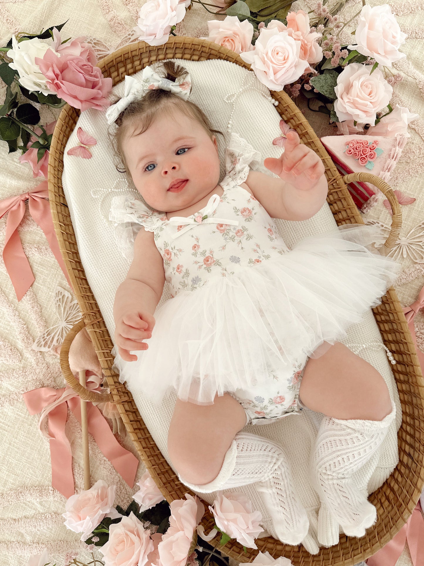 Cottage Fairy Baby Girl Floral White Tulle Party Romper