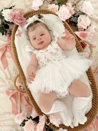 Cottage Fairy Baby Girl Floral White Tulle Party Romper