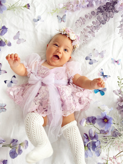 Butterfly Kisses Lilac Pink Rose Embroidered Baby Girl Tulle Party Romper