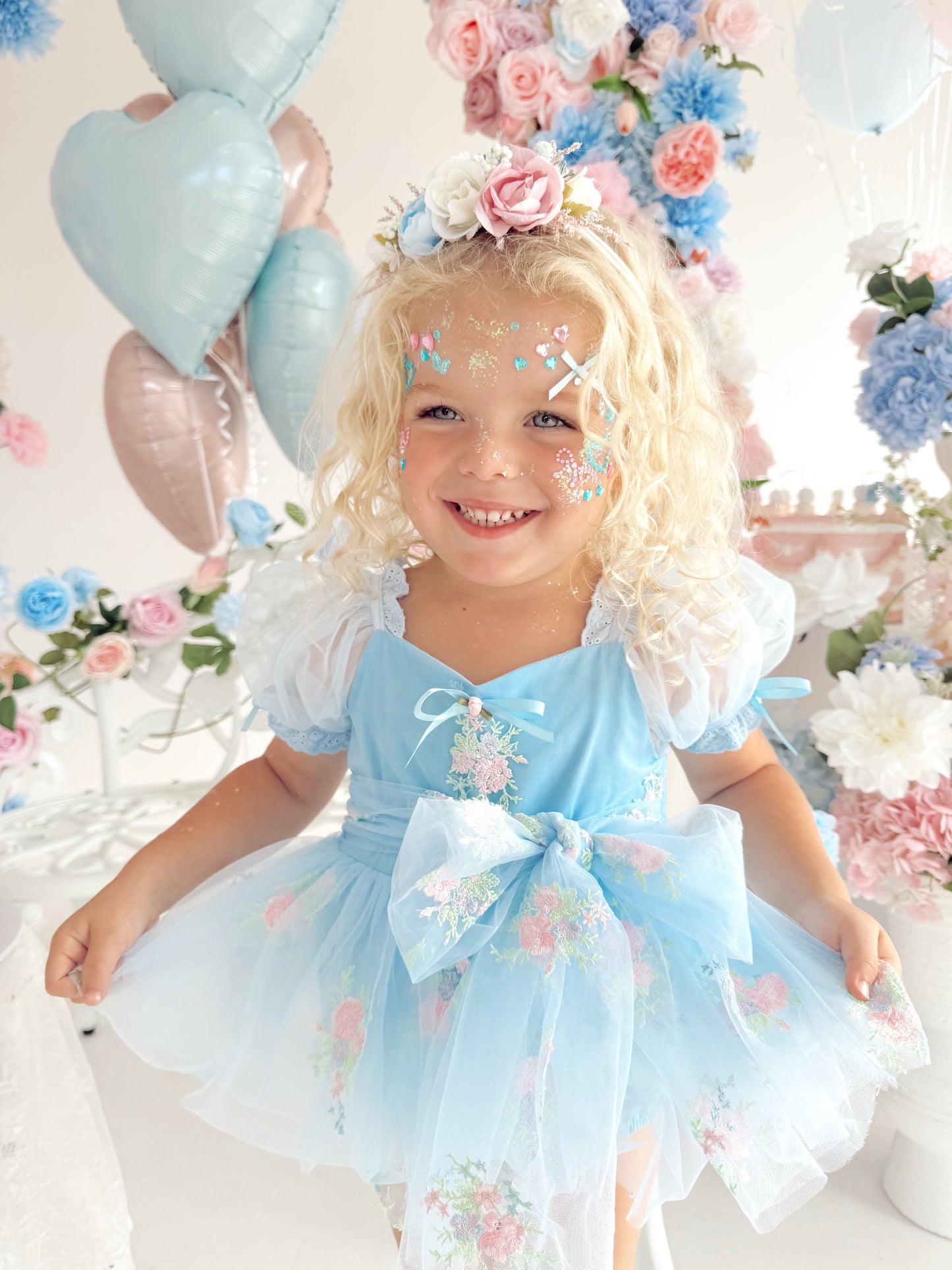 Afina Blue Embroidered Baby Girl Tulle Party Romper