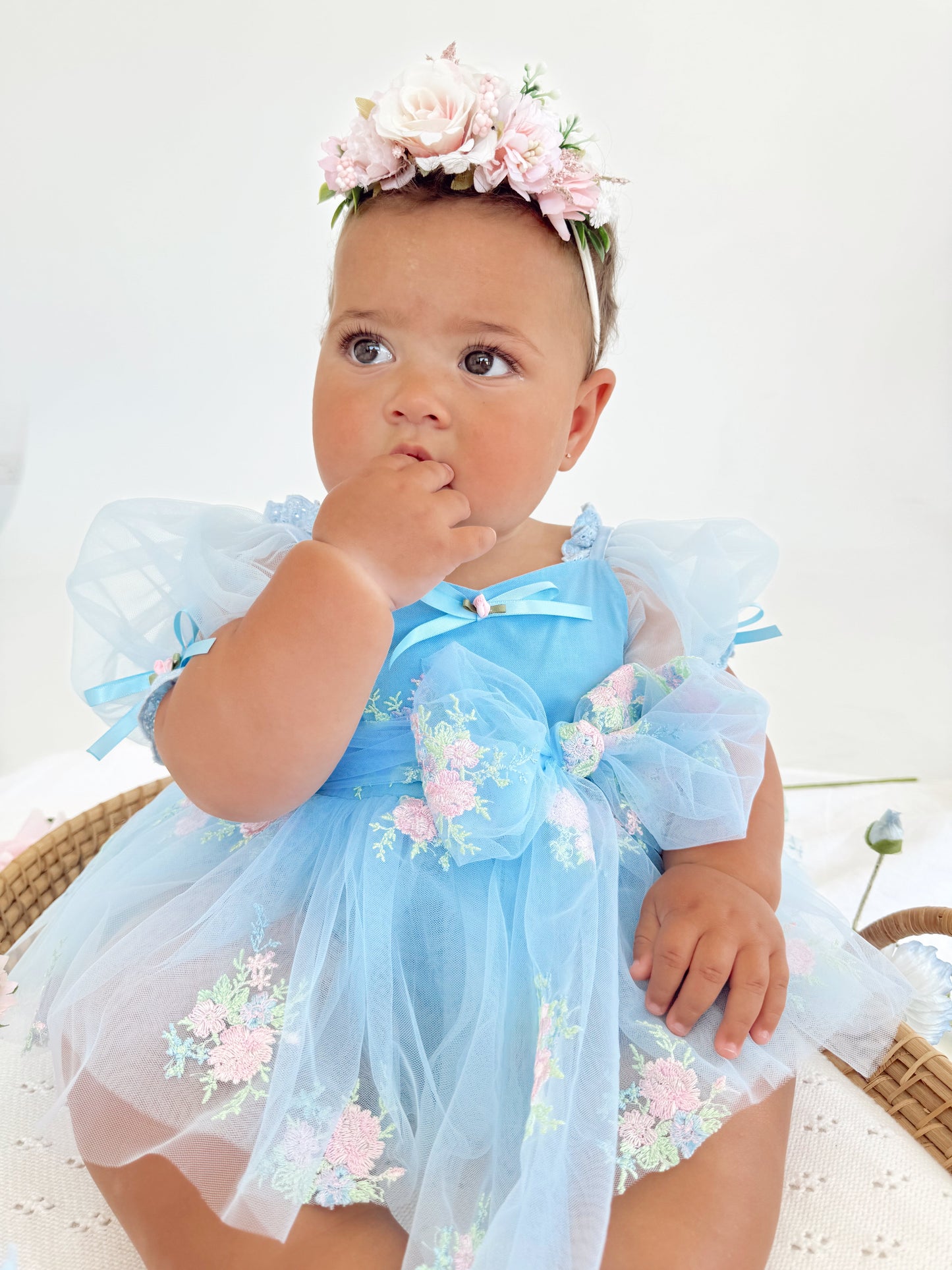 Afina Blue Embroidered Baby Girl Tulle Party Romper