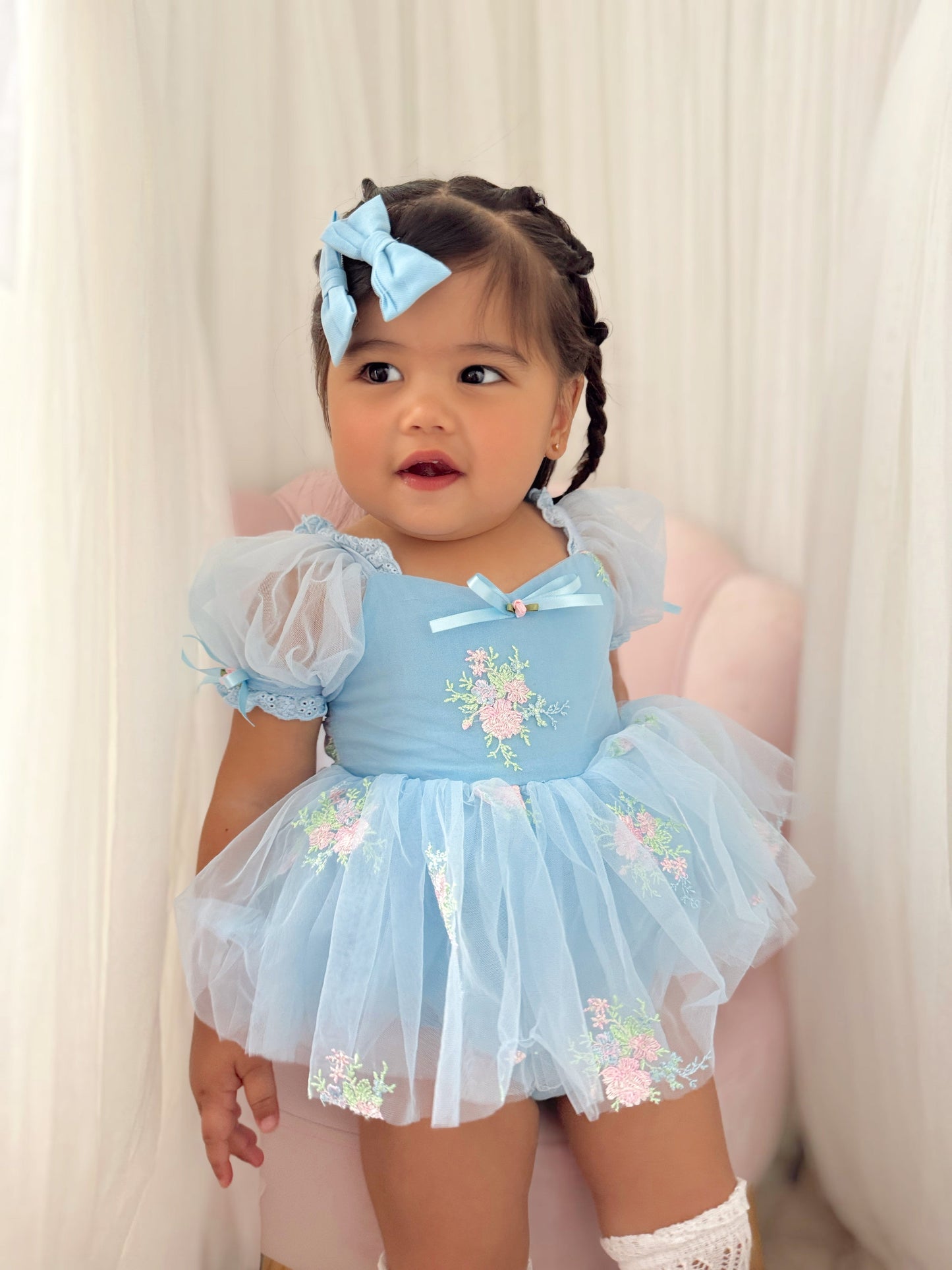 Afina Blue Embroidered Baby Girl Tulle Party Romper