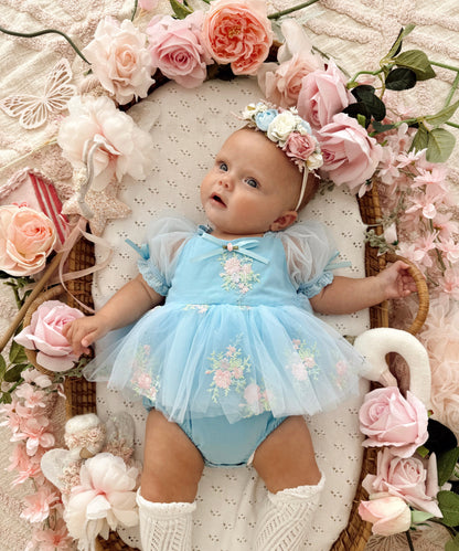 Afina Blue Embroidered Baby Girl Tulle Party Romper