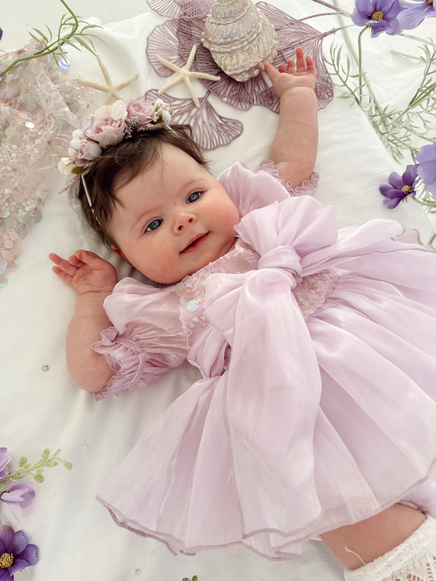 Ariel Purple Pearl Organza Sequin Baby Girl Party Romper