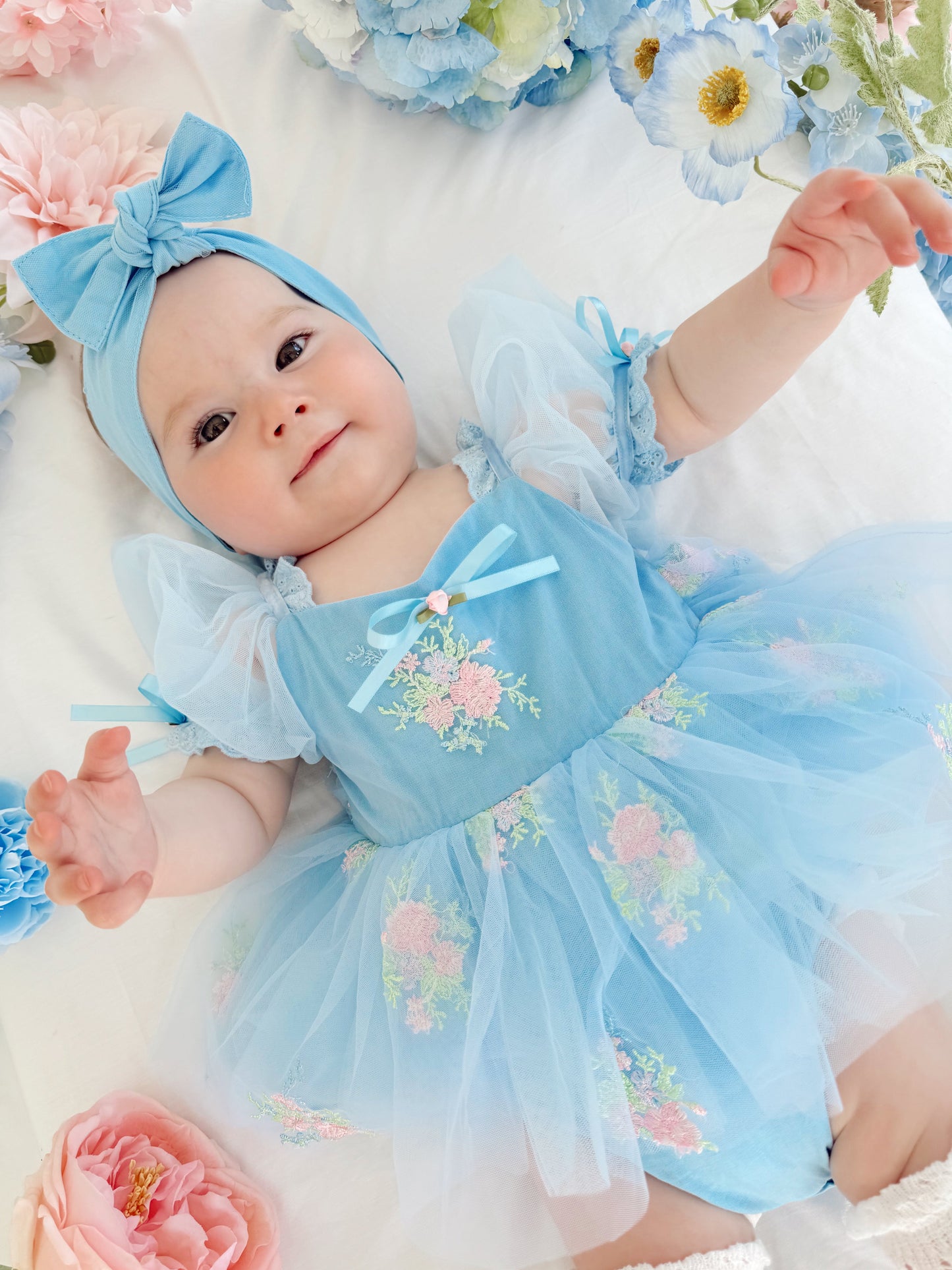 Afina Blue Embroidered Baby Girl Tulle Party Romper