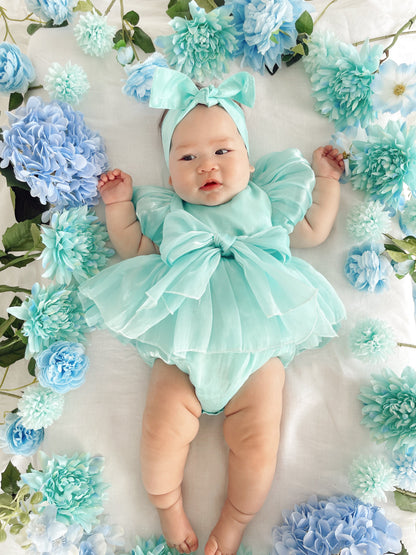 Dolly Turquoise Sky Organza Baby Girl Blue Party Romper