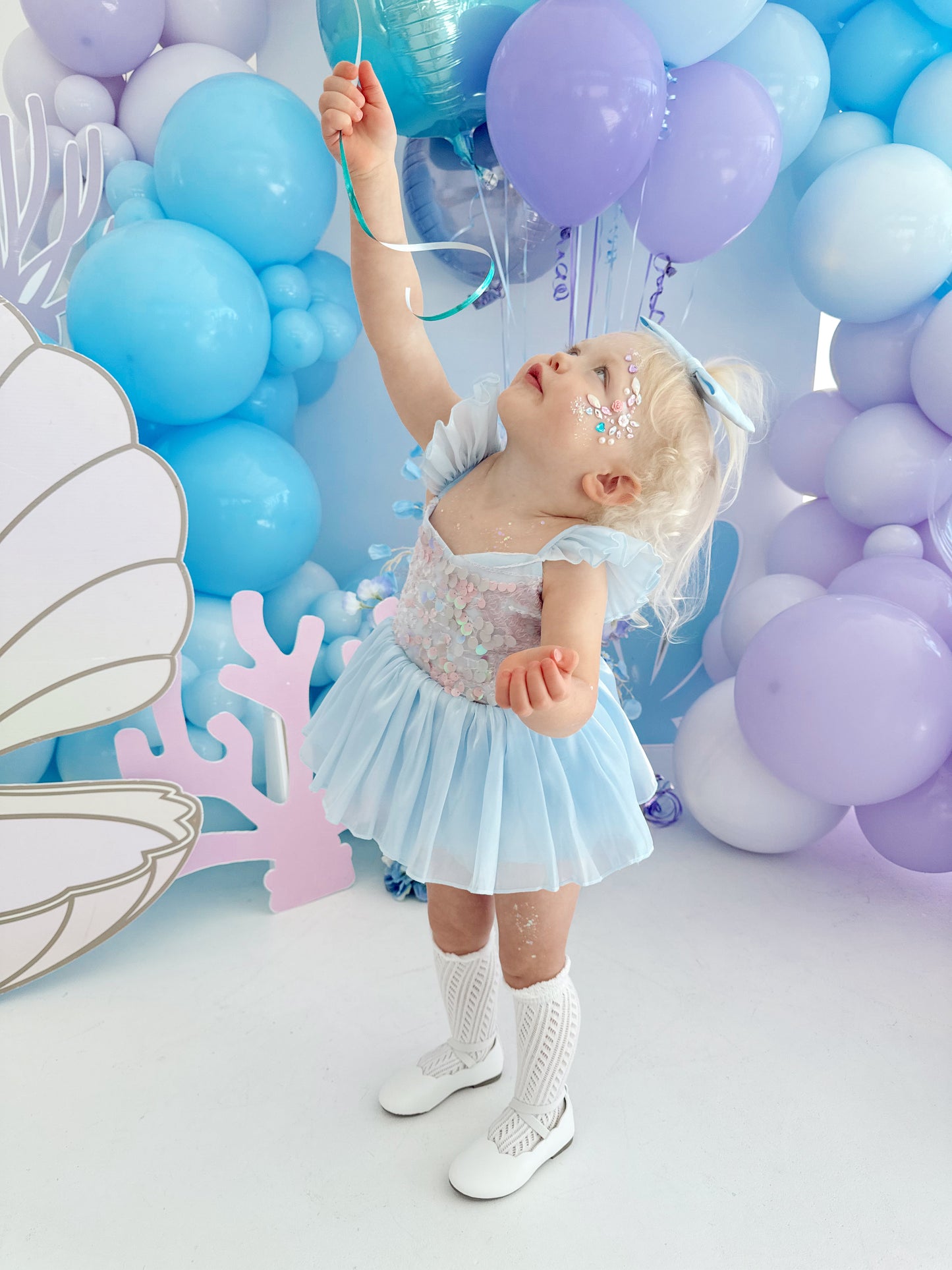 Ariel Ocean Blue Organza Sequin Baby Girl Party Romper