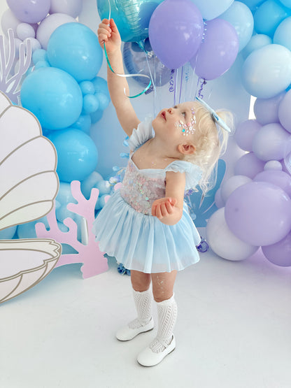Ariel Ocean Blue Organza Sequin Baby Girl Party Romper