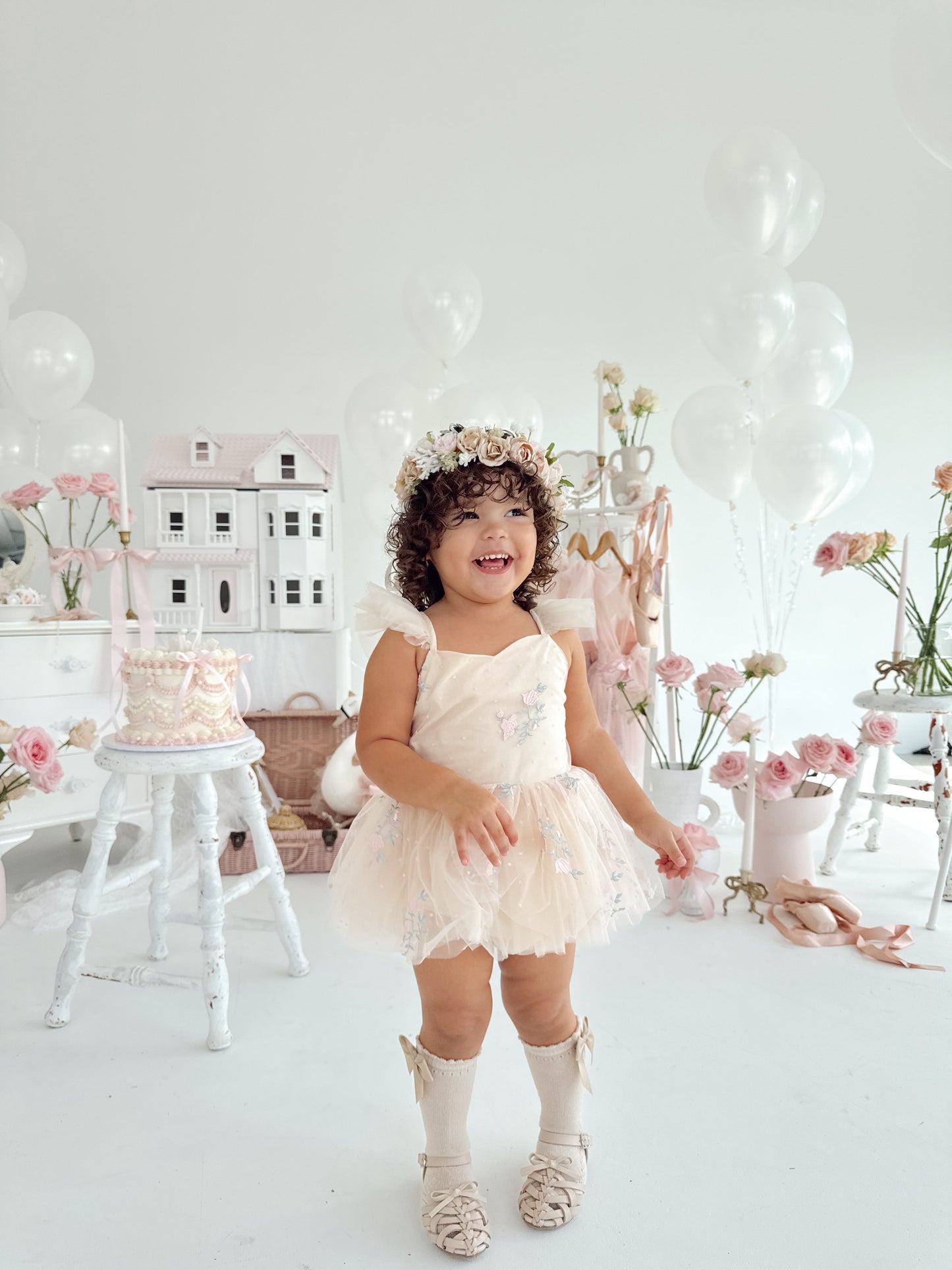 The Rose Champagne Embroidered Baby Girl Tulle Party Romper