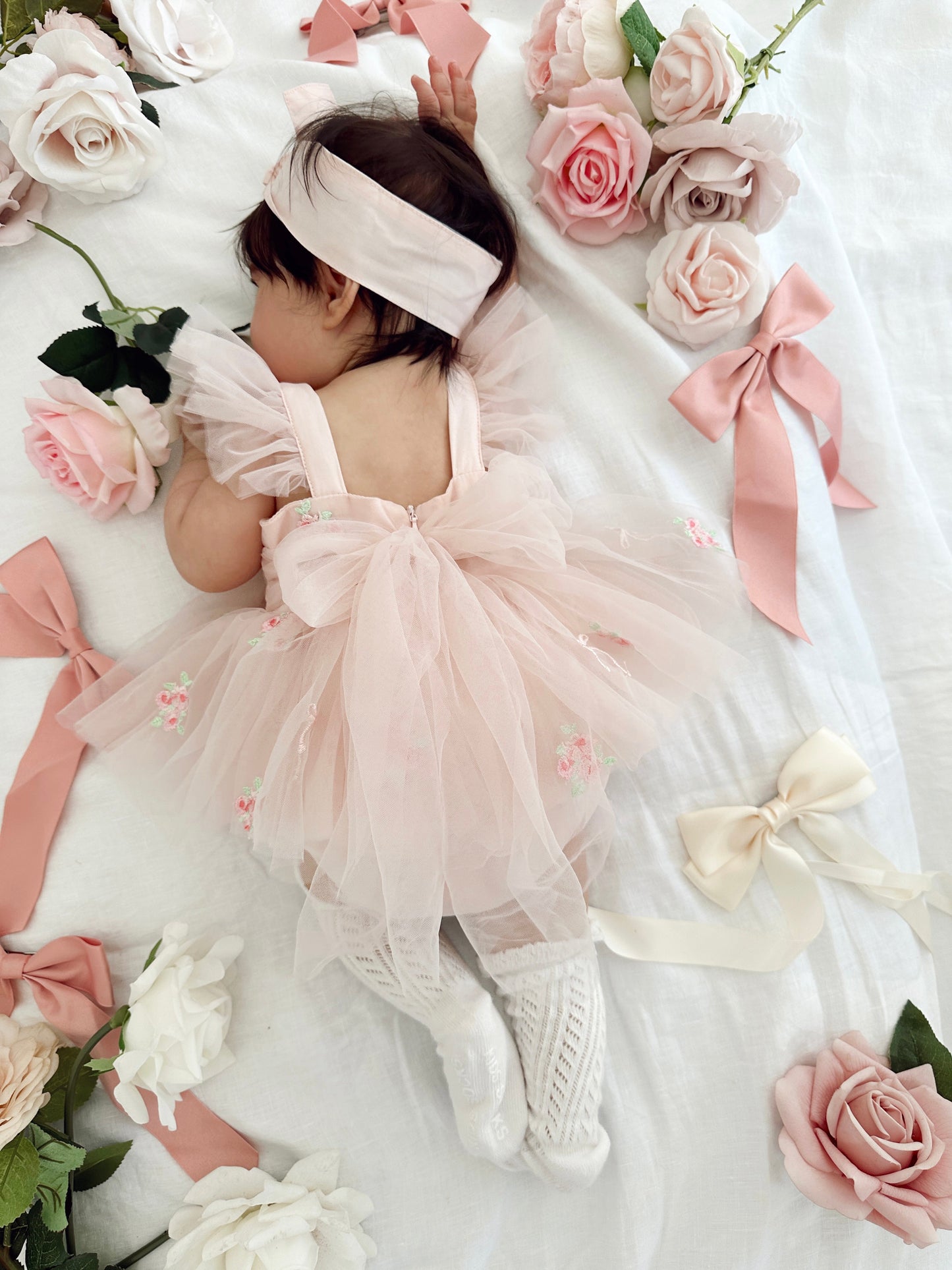 Belle Bow Perfect Pink Embroidered Baby Girl Tulle Party Romper