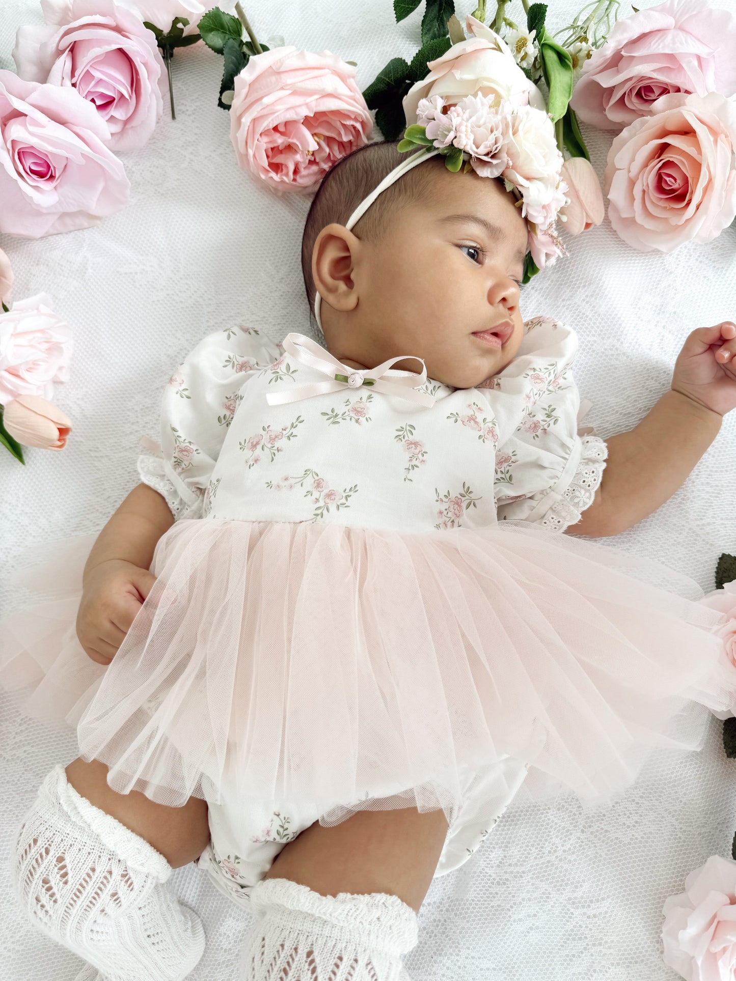 Odessa Flower Perfect Pink Floral Baby Girl Tulle Party Romper