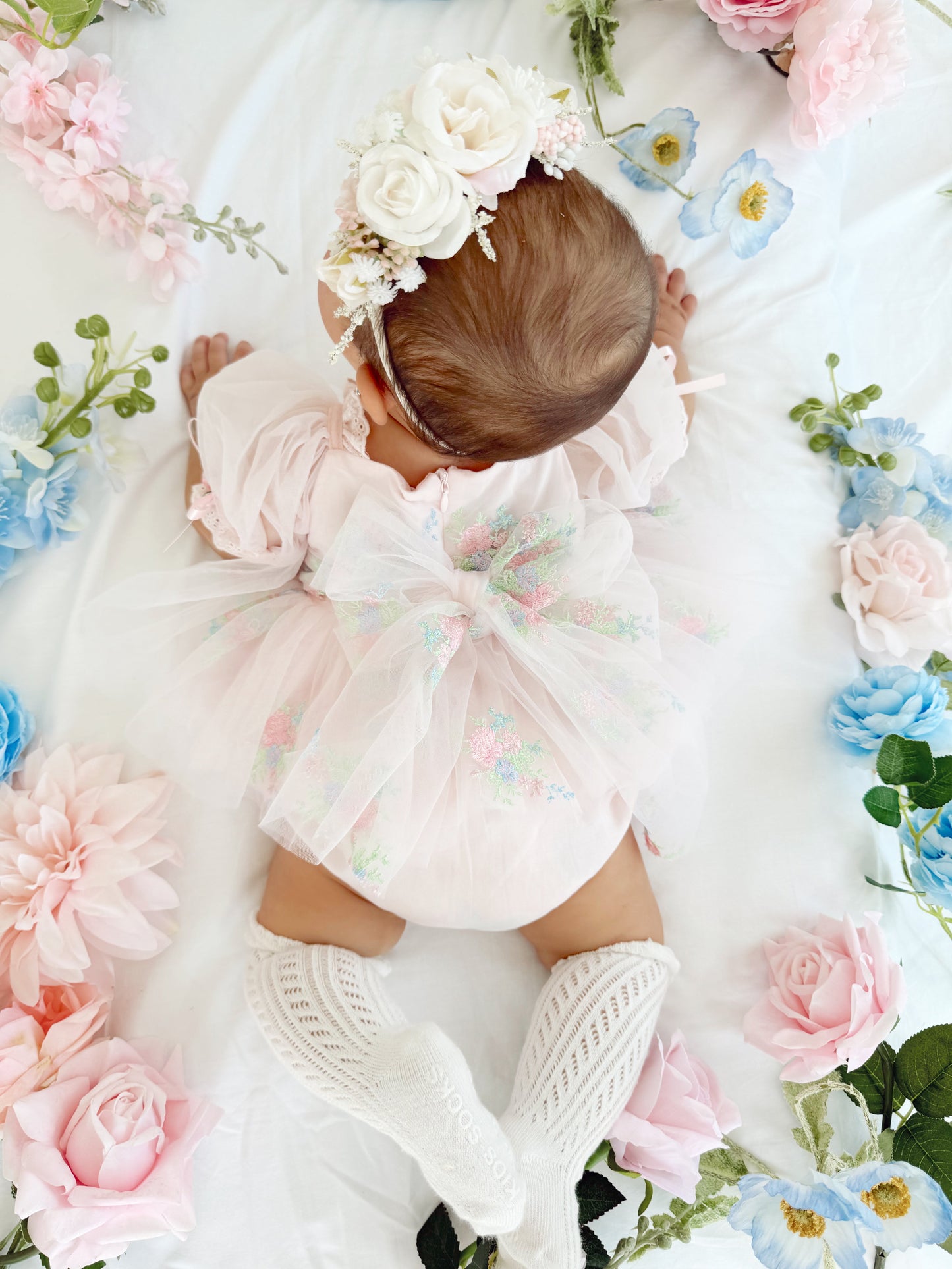 Peony Bloom Petal Pink Embroidered Baby Girl Tulle Party Romper