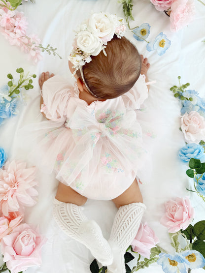 Peony Bloom Petal Pink Embroidered Baby Girl Tulle Party Romper