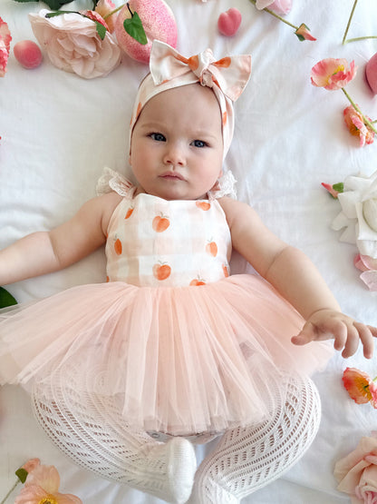 Peach Sorbet Gingham Baby Girl Tulle Party Romper