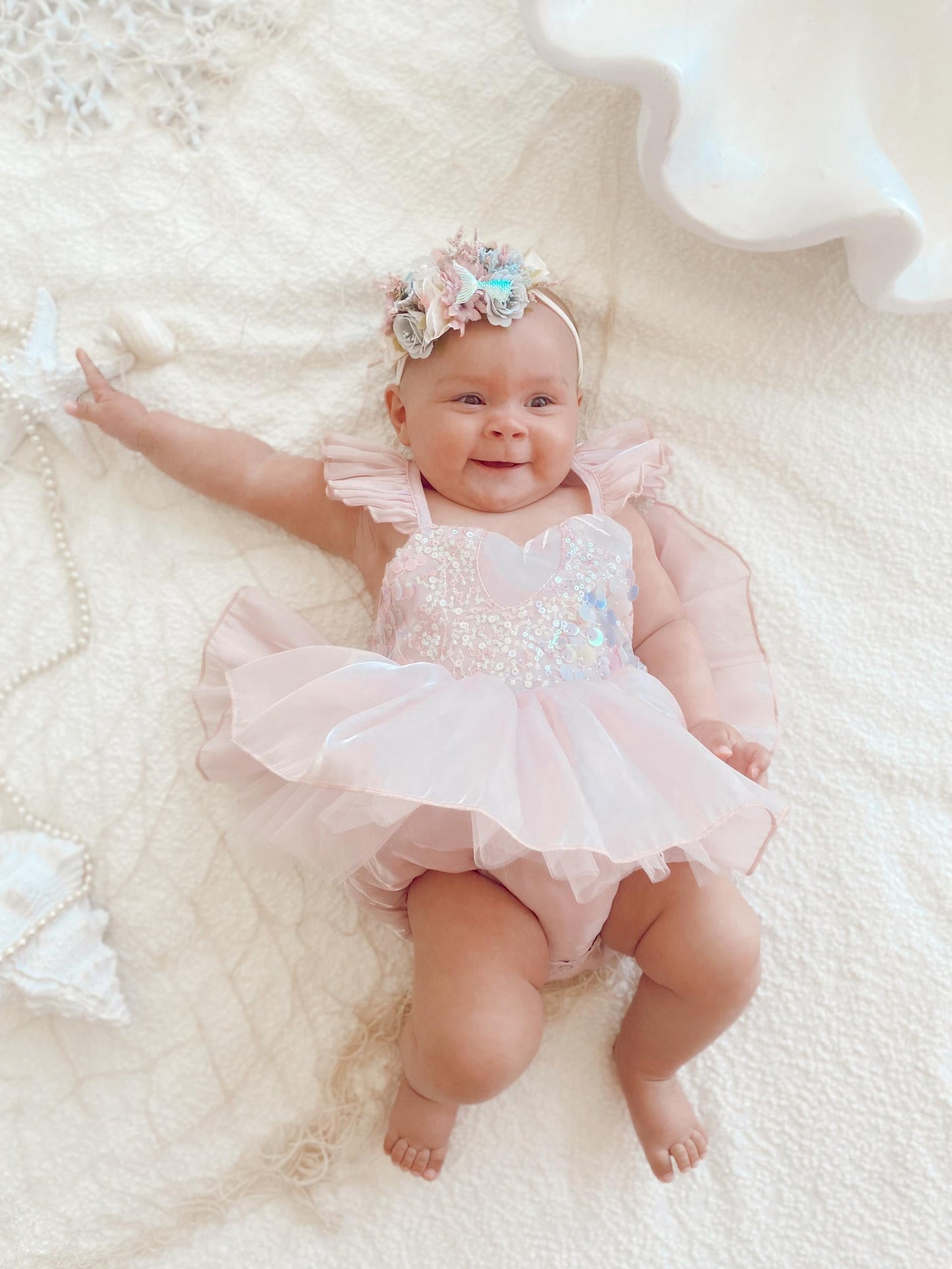 Mermaid Sequin Pink Organza Baby Girl Party Romper