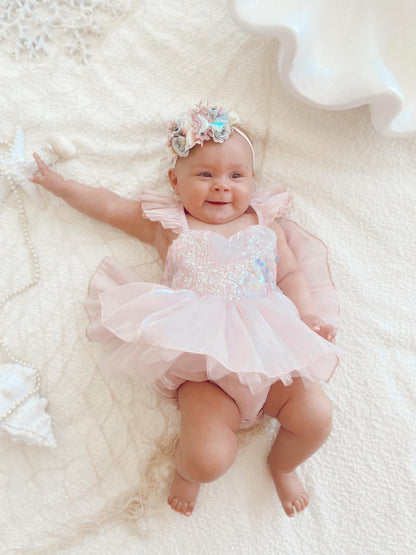 Mermaid Sequin Pink Organza Baby Girl Party Romper