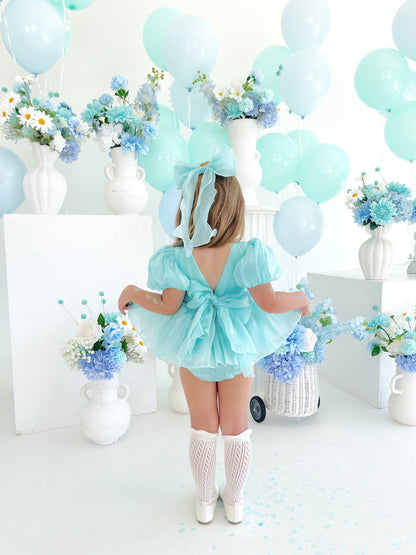 Dolly Turquoise Sky Organza Baby Girl Blue Party Romper