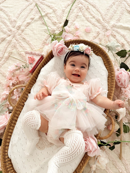 Peony Bloom Petal Pink Embroidered Baby Girl Tulle Party Romper