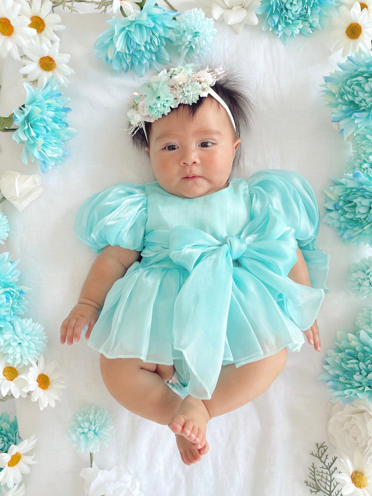 Dolly Turquoise Sky Organza Baby Girl Blue Party Romper