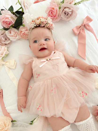 Belle Bow Perfect Pink Embroidered Baby Girl Tulle Party Romper