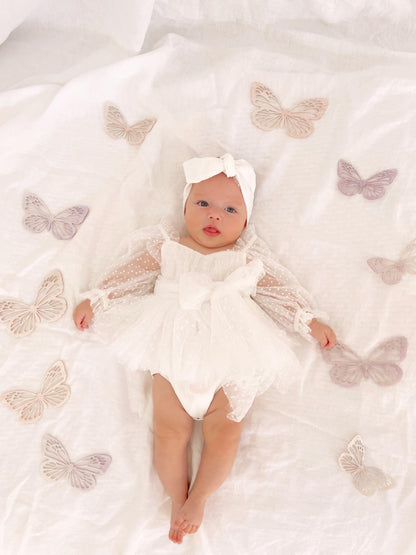 Swiss Dot Bloom White Baby Girl Tulle Romper