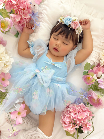 Afina Blue Embroidered Baby Girl Tulle Party Romper