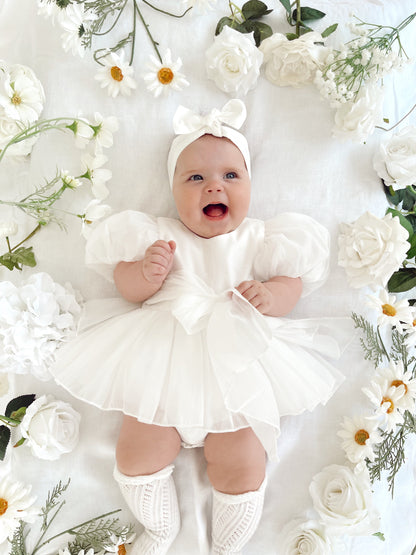 Clementine Matte White Organza Baby Girl Romper