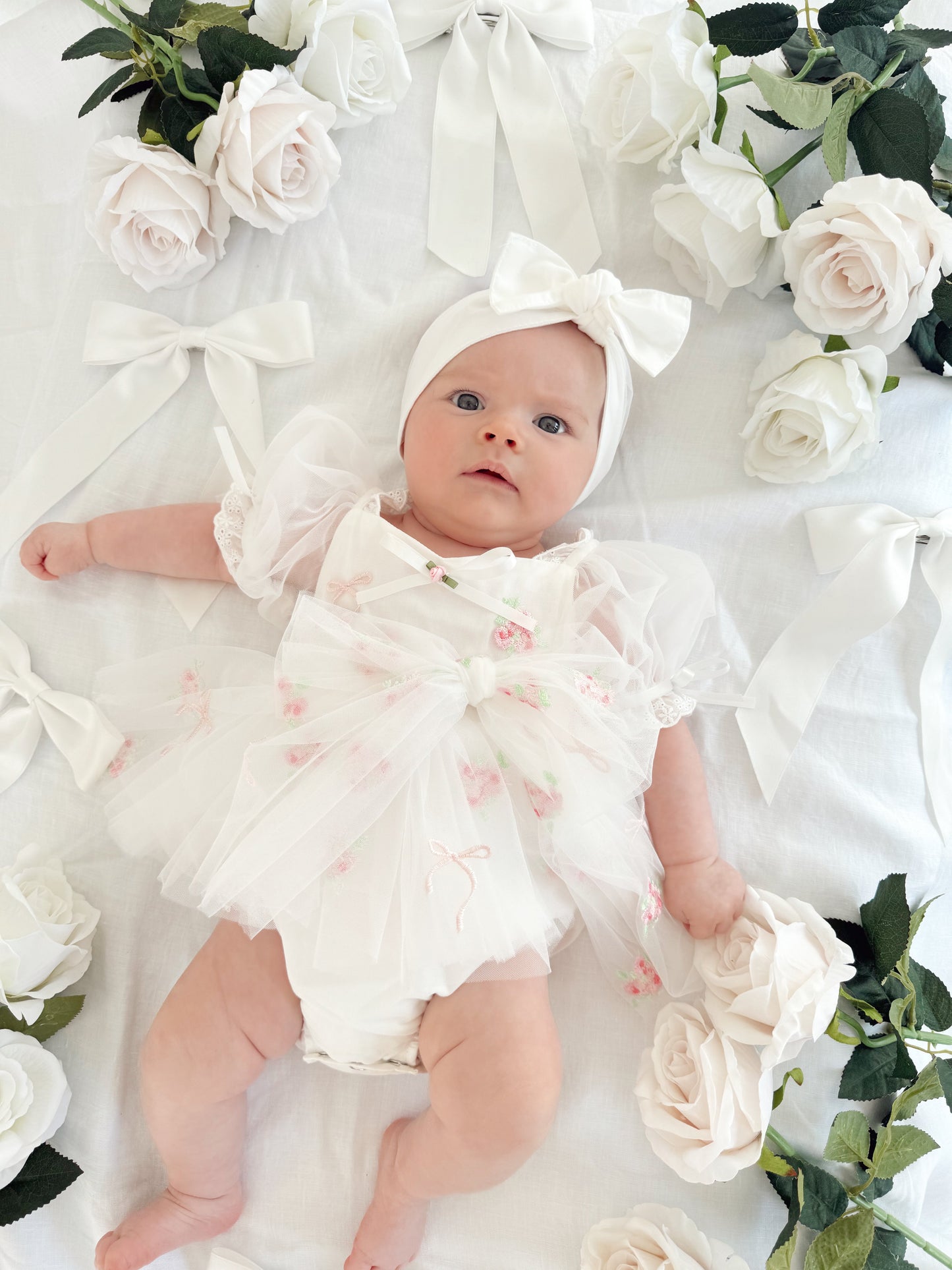 Fleur Butterfly Embroidered Baby Girl White Tulle Party Romper