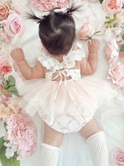 Rosette Pink Bow Baby Girl Tulle Party Romper