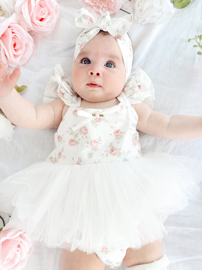 Cottage Fairy Baby Girl Floral White Tulle Party Romper