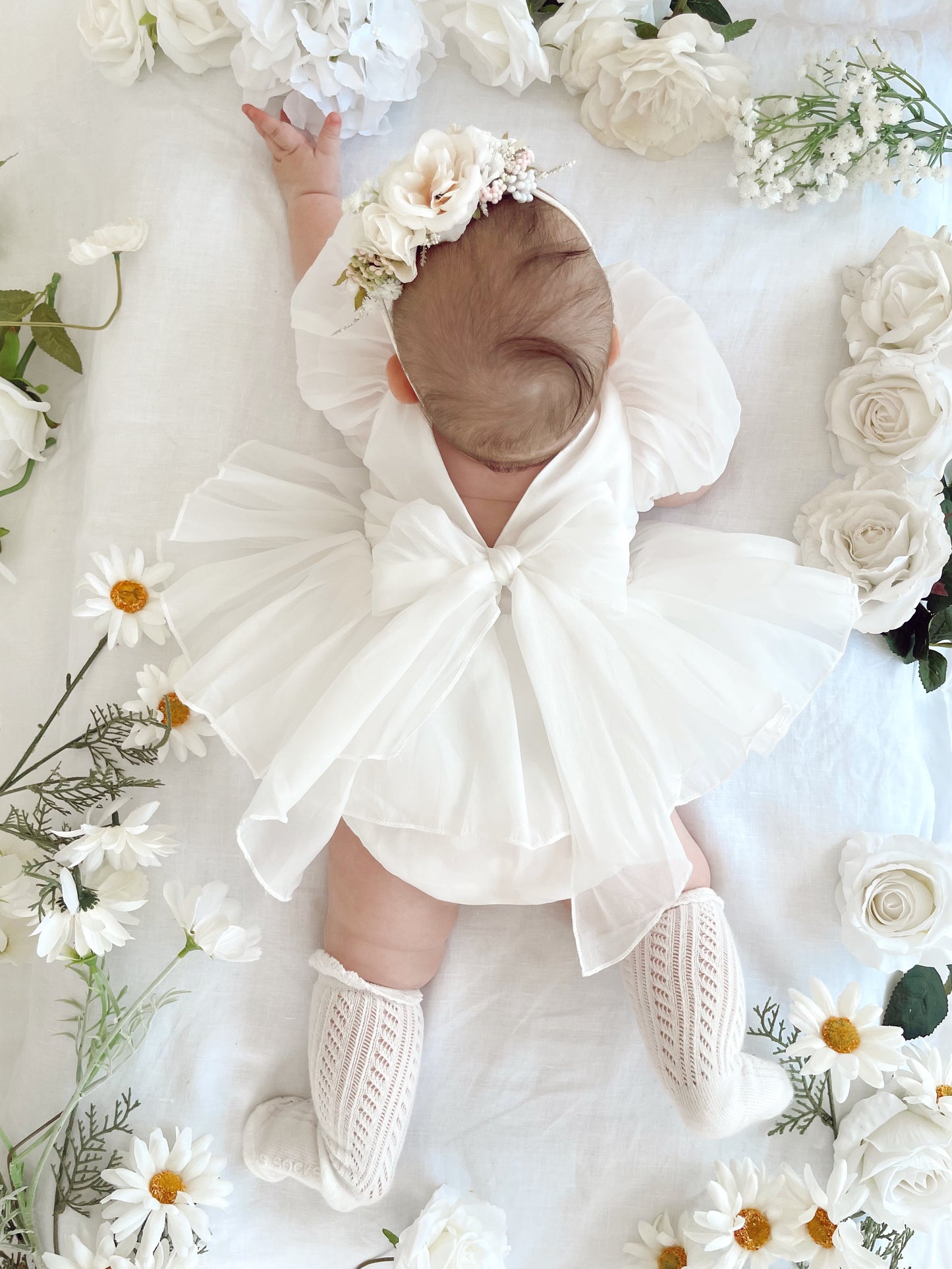 Clementine Matte White Organza Baby Girl Romper