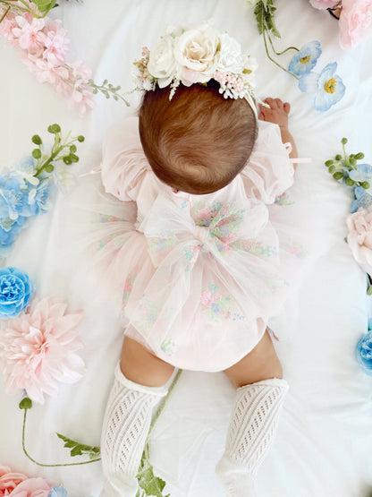 Peony Bloom Petal Pink Embroidered Baby Girl Tulle Party Romper