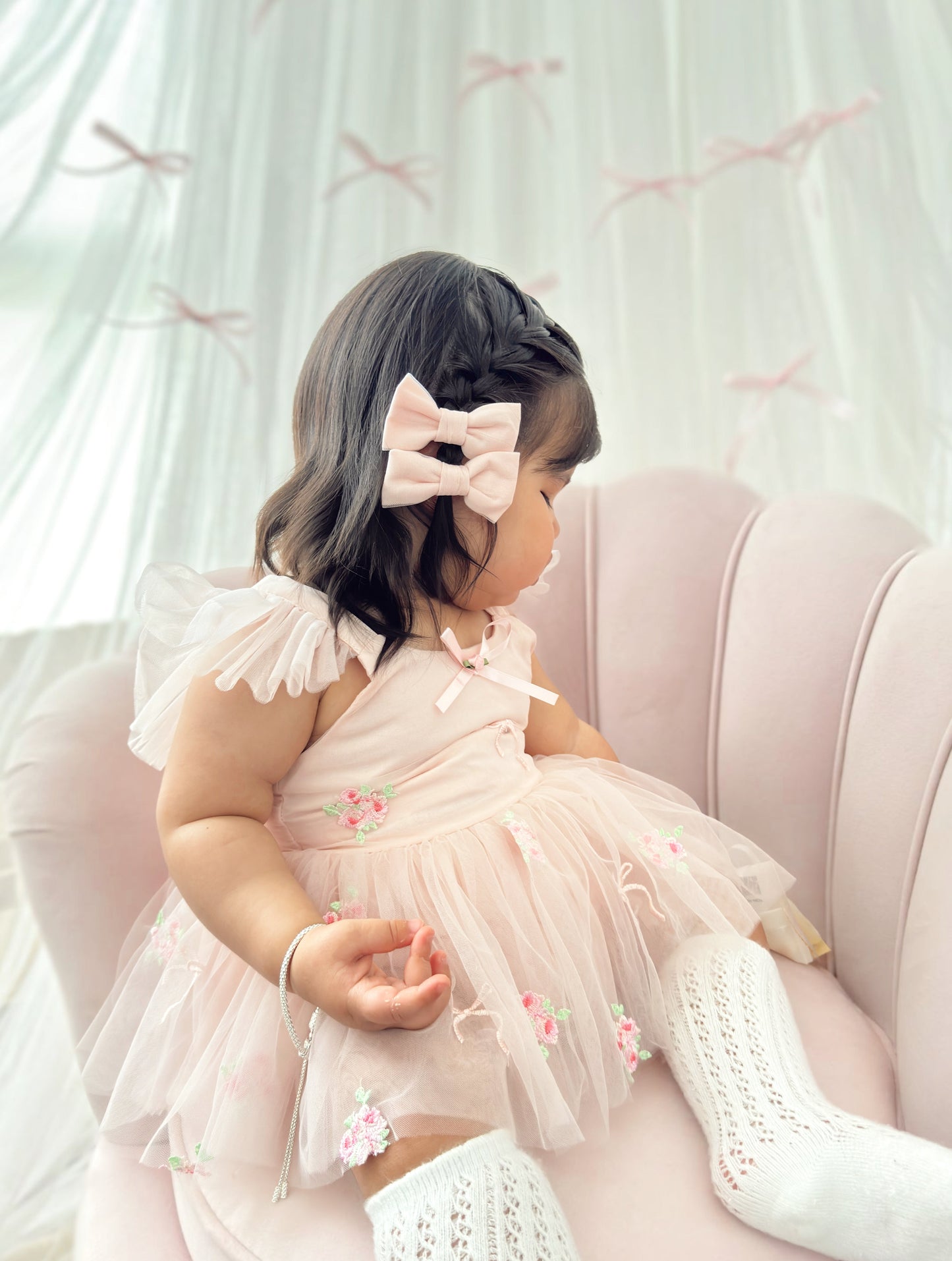 Belle Bow Perfect Pink Embroidered Baby Girl Tulle Party Romper