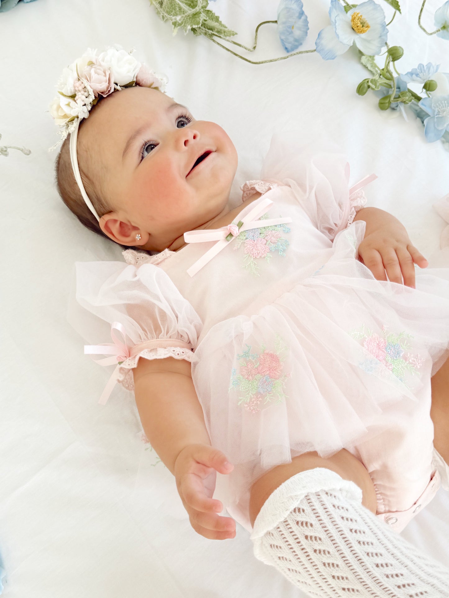 Peony Bloom Petal Pink Embroidered Baby Girl Tulle Party Romper
