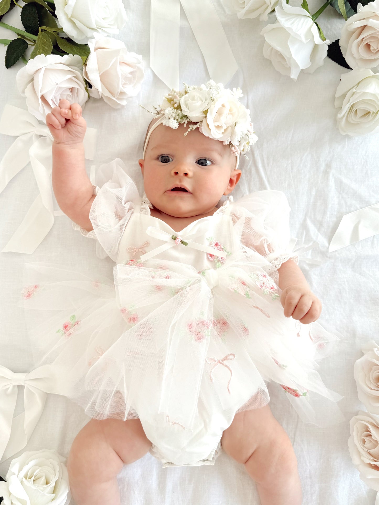 Fleur Butterfly Embroidered Baby Girl White Tulle Party Romper