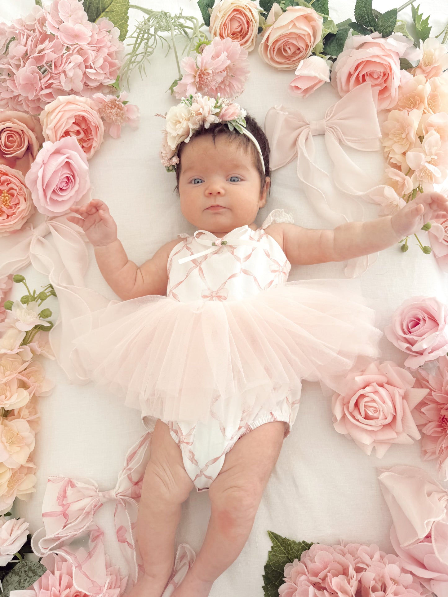 Rosette Pink Bow Baby Girl Tulle Party Romper