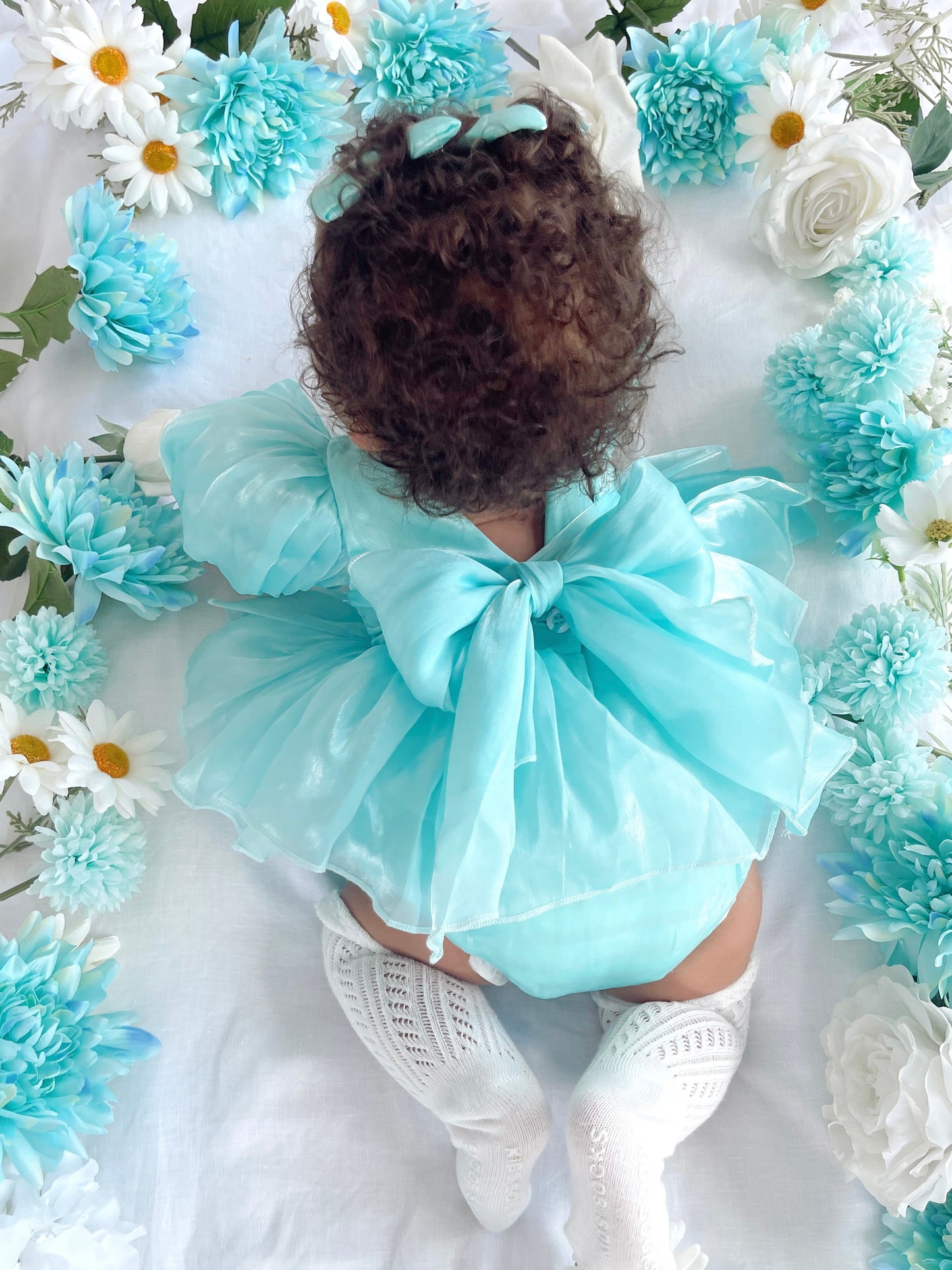 Dolly Turquoise Sky Organza Baby Girl Blue Party Romper