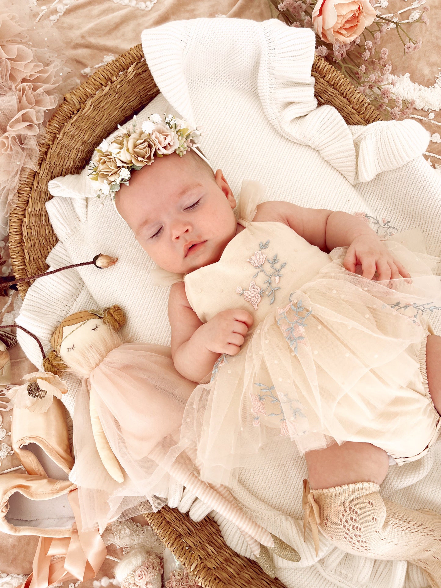 The Rose Champagne Embroidered Baby Girl Tulle Party Romper