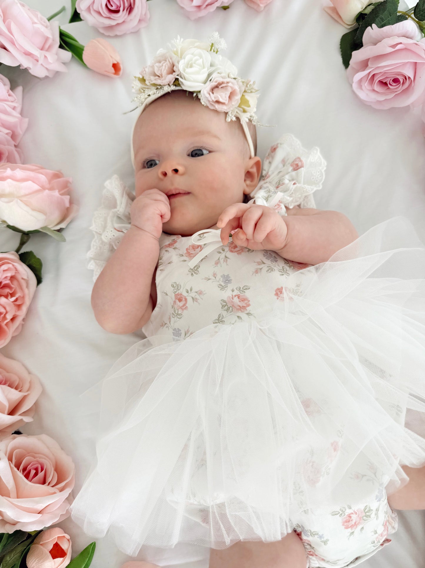 Cottage Fairy Baby Girl Floral White Tulle Party Romper