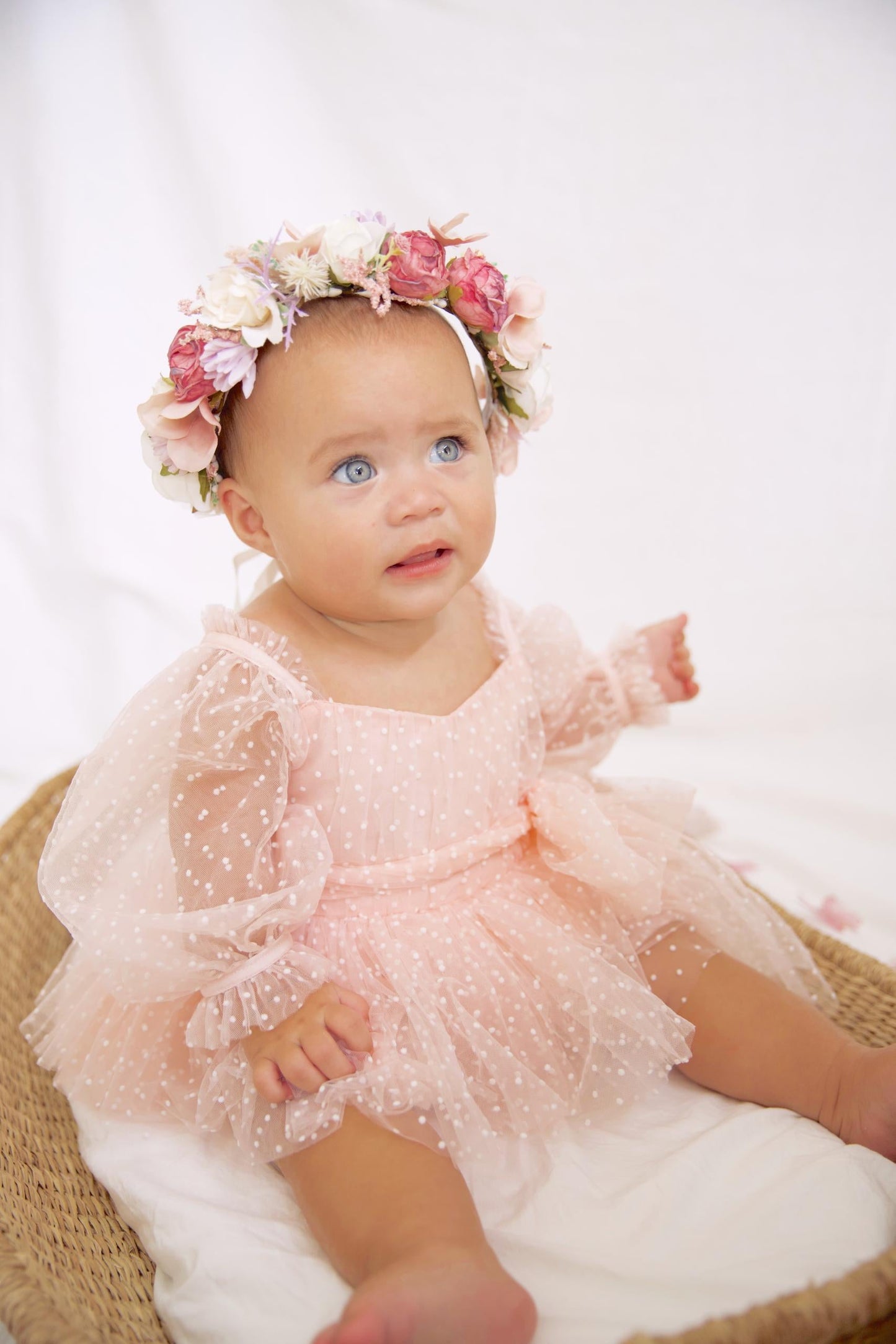 Swiss Dot Bloom Pink Rose Baby Girl Tulle Party Romper