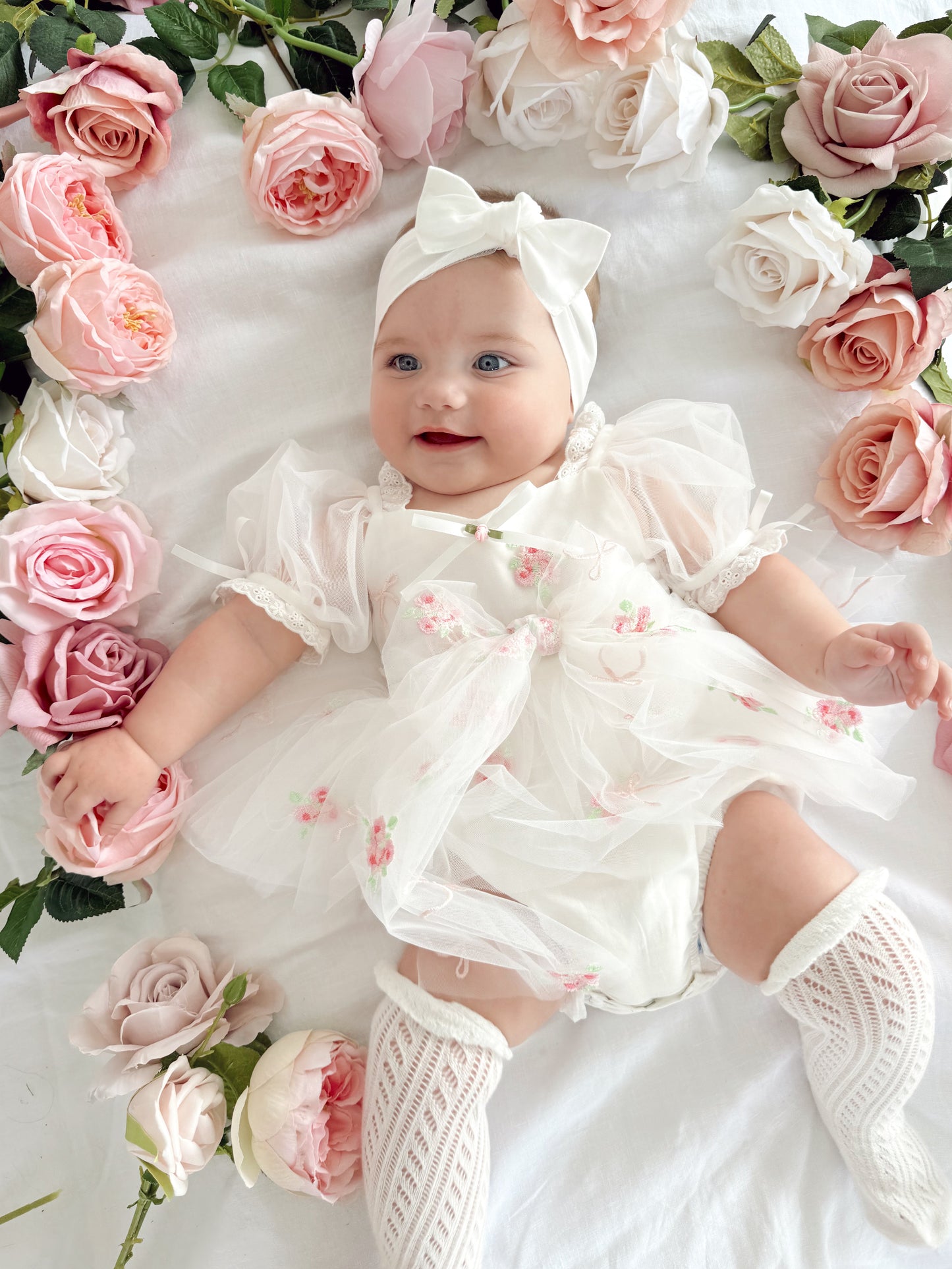 Fleur Butterfly Embroidered Baby Girl White Tulle Party Romper