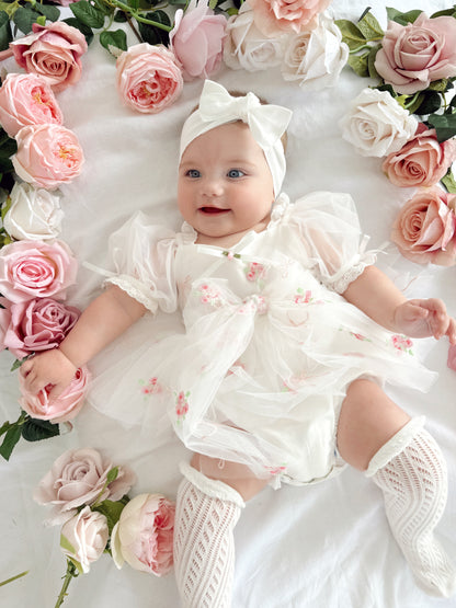 Fleur Butterfly Embroidered Baby Girl White Tulle Party Romper