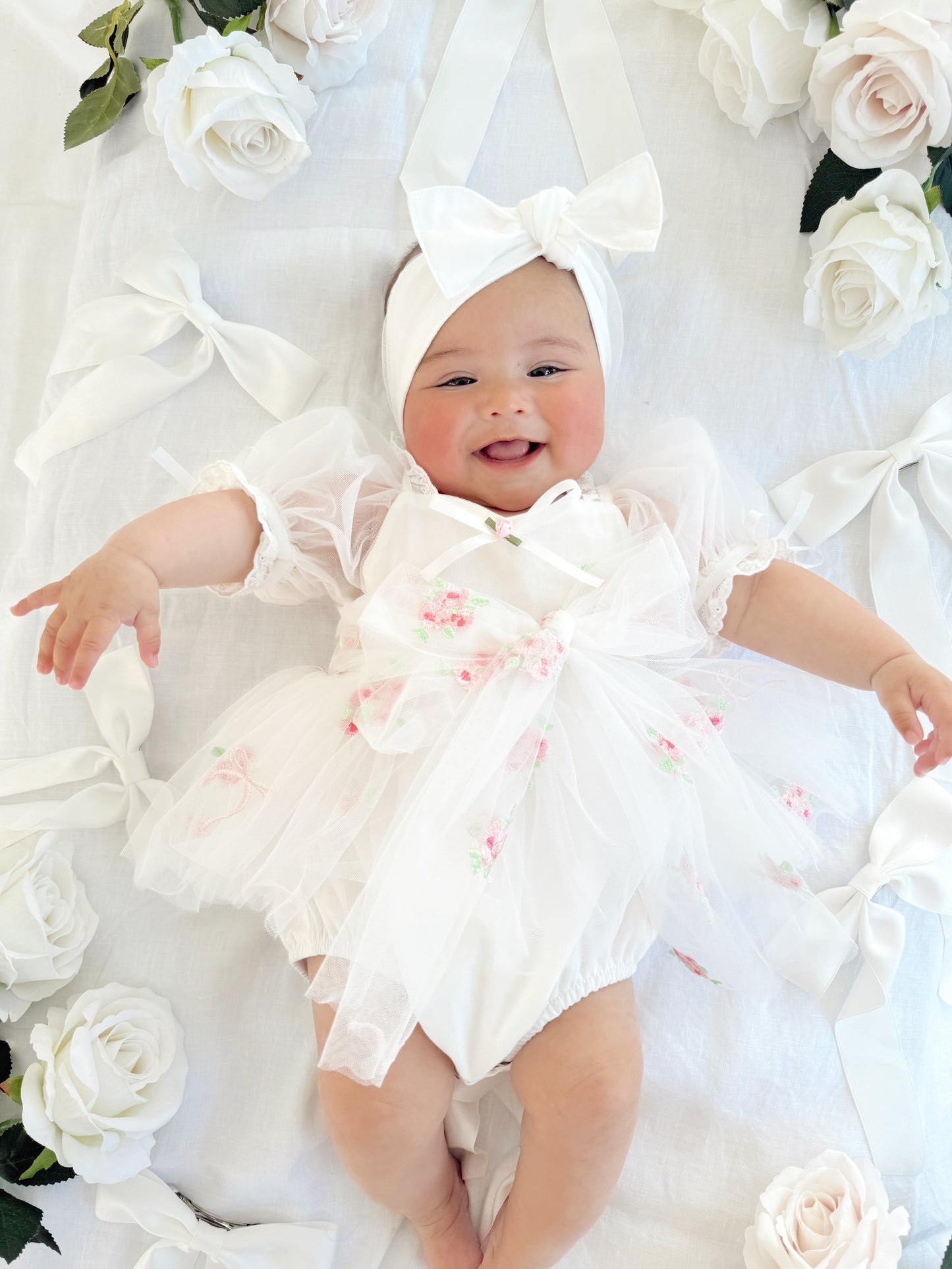Fleur Butterfly Embroidered Baby Girl White Tulle Party Romper