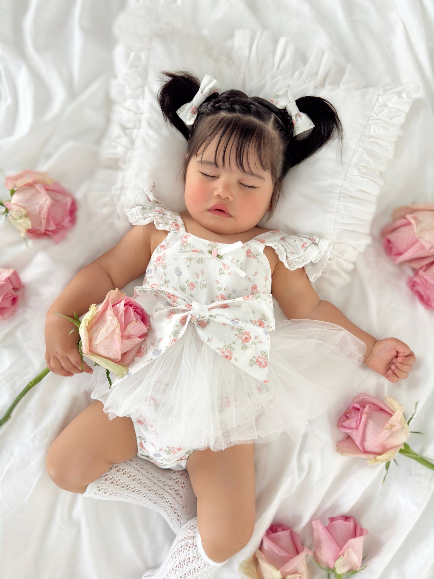 Cottage Fairy Baby Girl Floral White Tulle Party Romper