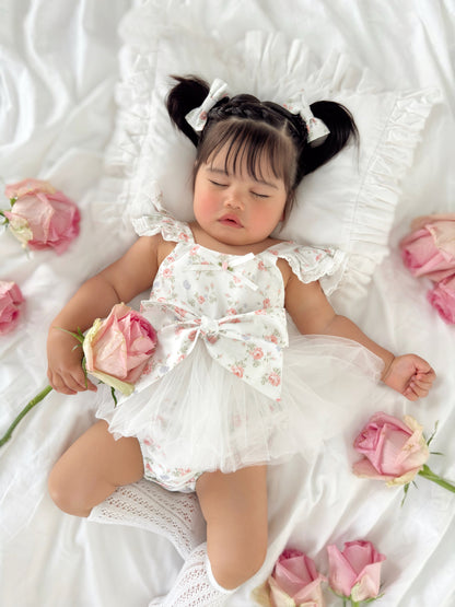 Cottage Fairy Baby Girl Floral White Tulle Party Romper
