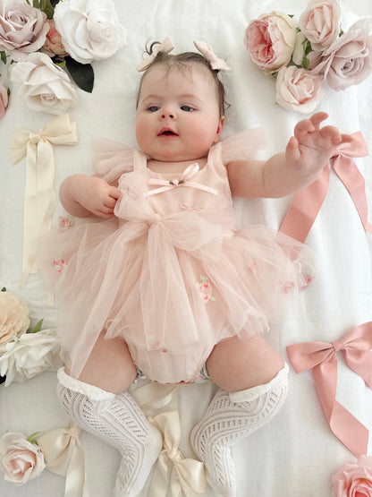 Belle Bow Perfect Pink Embroidered Baby Girl Tulle Party Romper